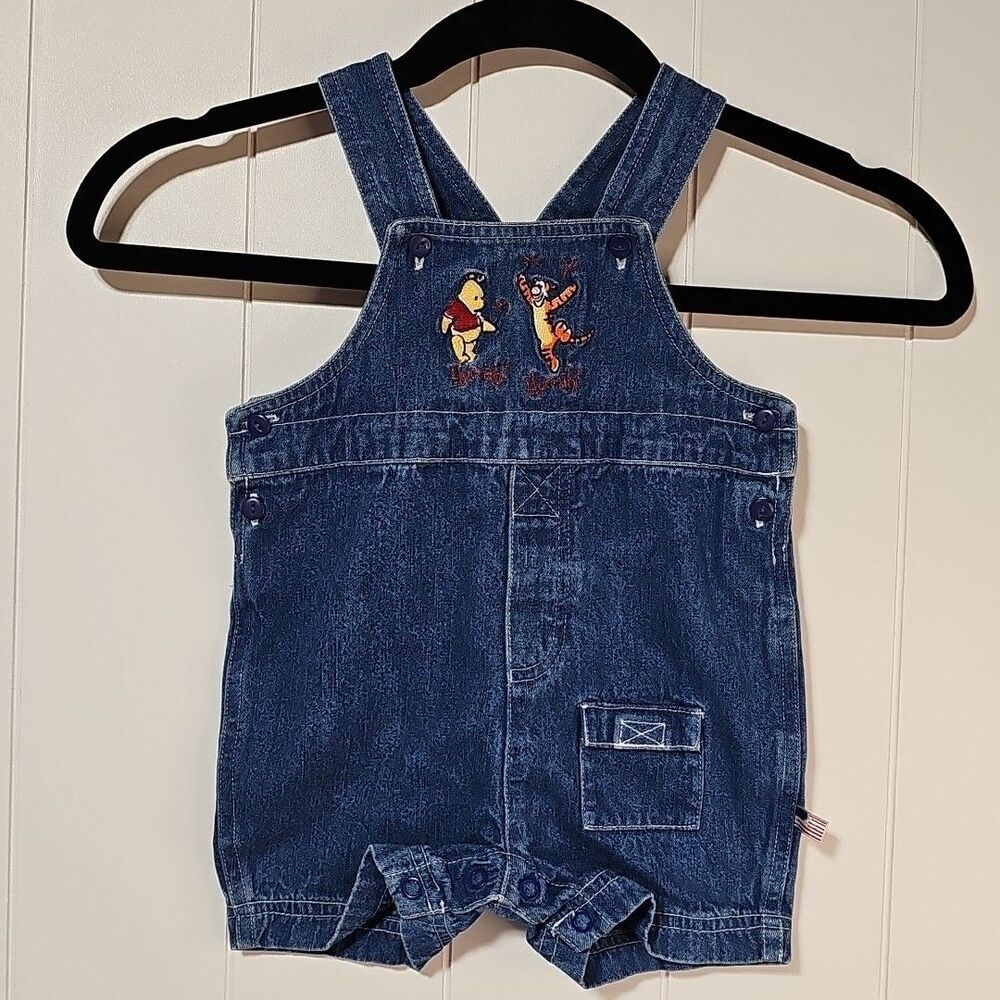 Vintage Disney Pooh Tigger Embroidered Denim Overall Romper 6-9M Cotton July 4th
